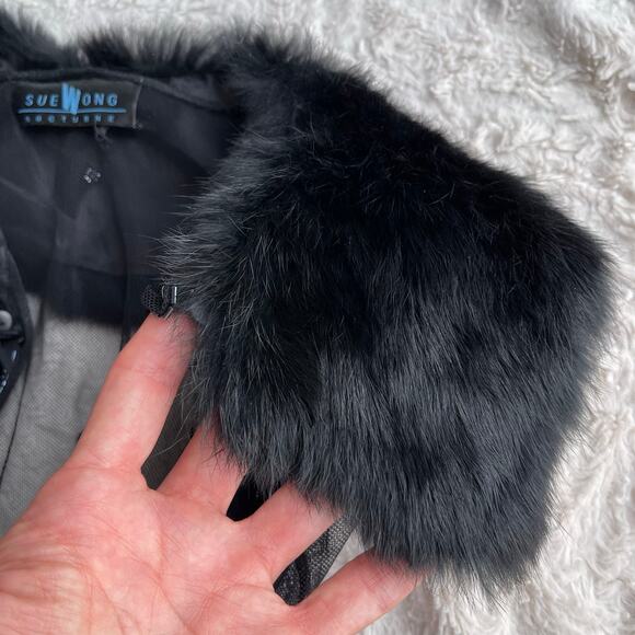 Sue Wong fur collar beaded embroidered sheer jacket duster coat cocktail floral - Picture 6 of 15